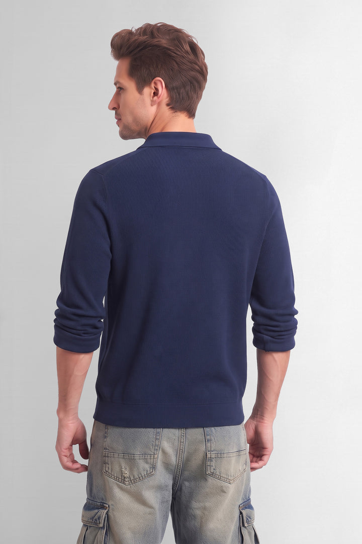 Navy Blue Full Sleeve Typographic Zipper T-Shirt