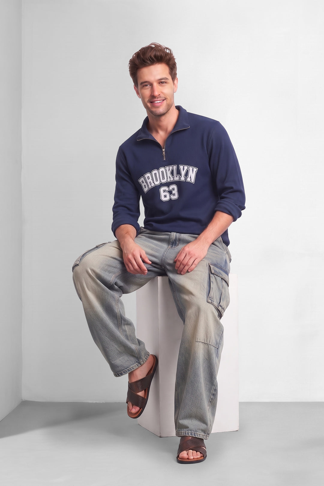 Navy Blue Full Sleeve Typographic Zipper T-Shirt