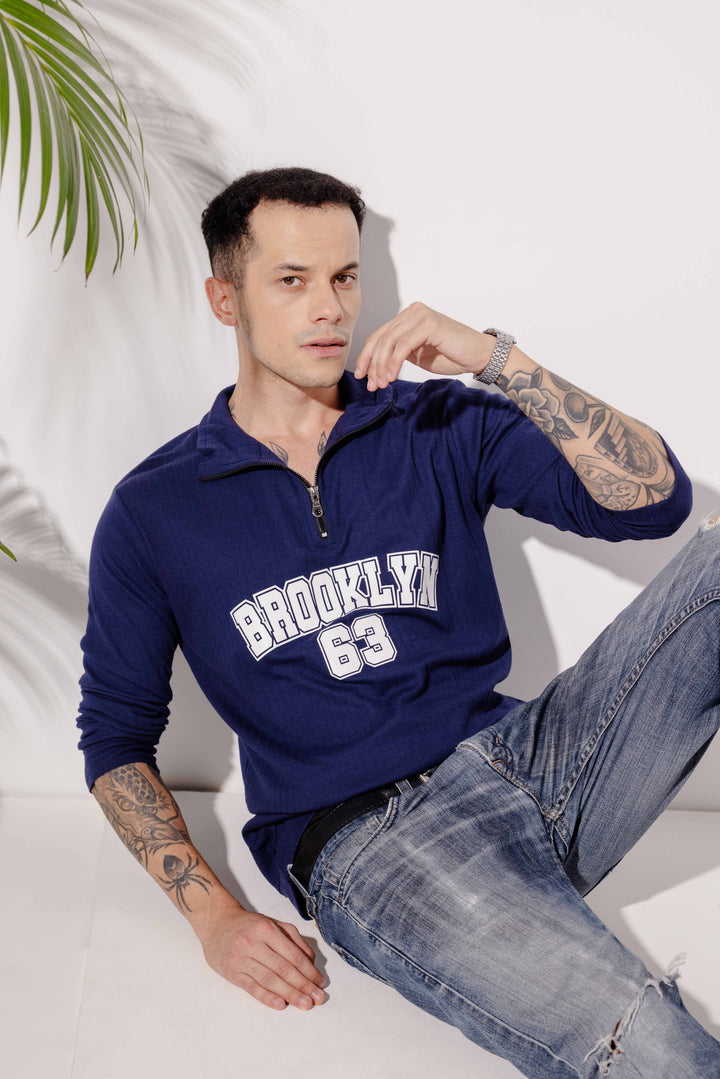 Navy Cotton "BROOKLYN" Full Sleeve Zipper T-Shirt