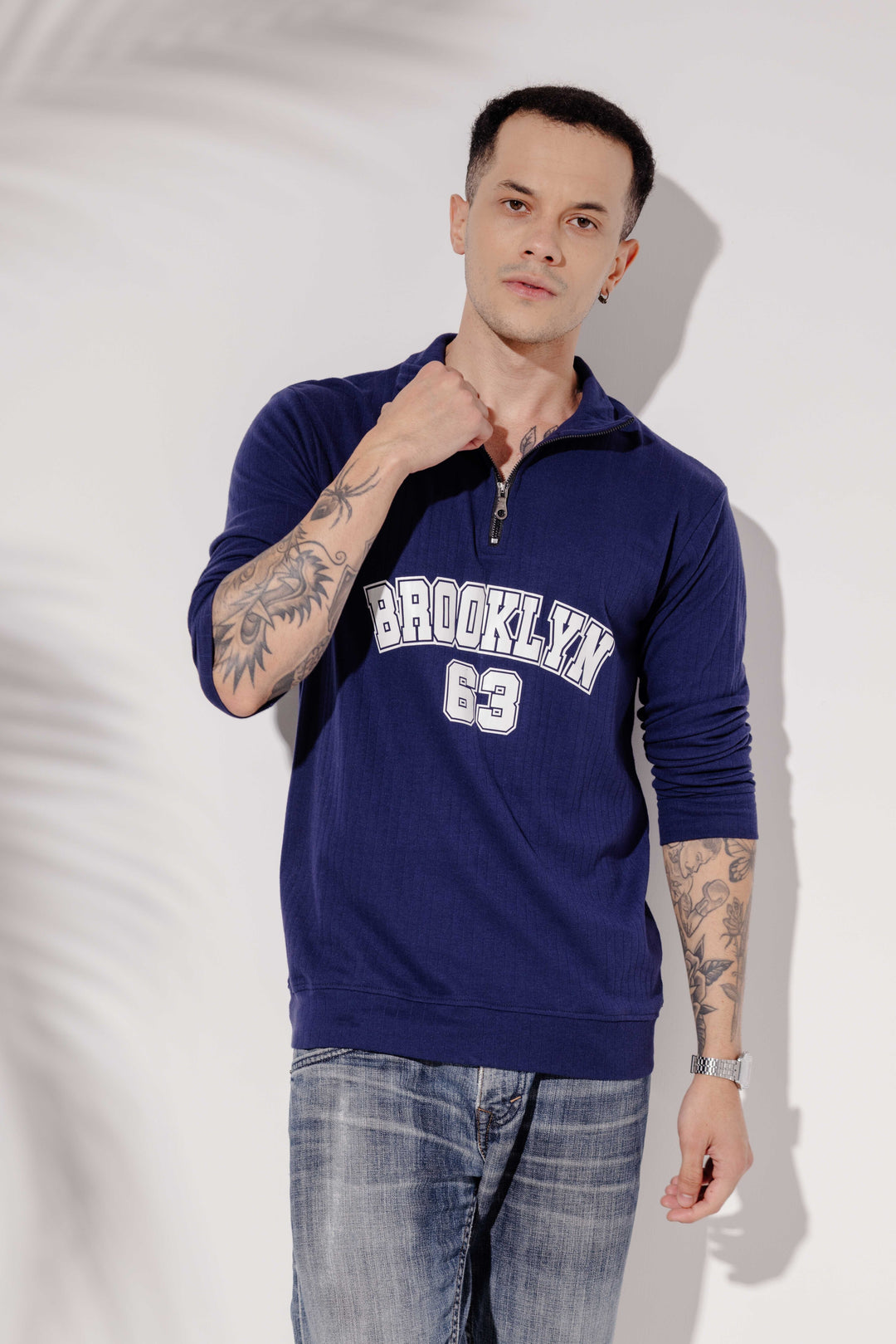 Navy Cotton "BROOKLYN" Full Sleeve Zipper T-Shirt