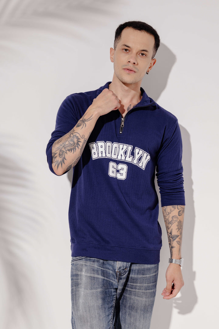 Navy Cotton "BROOKLYN" Full Sleeve Zipper T-Shirt