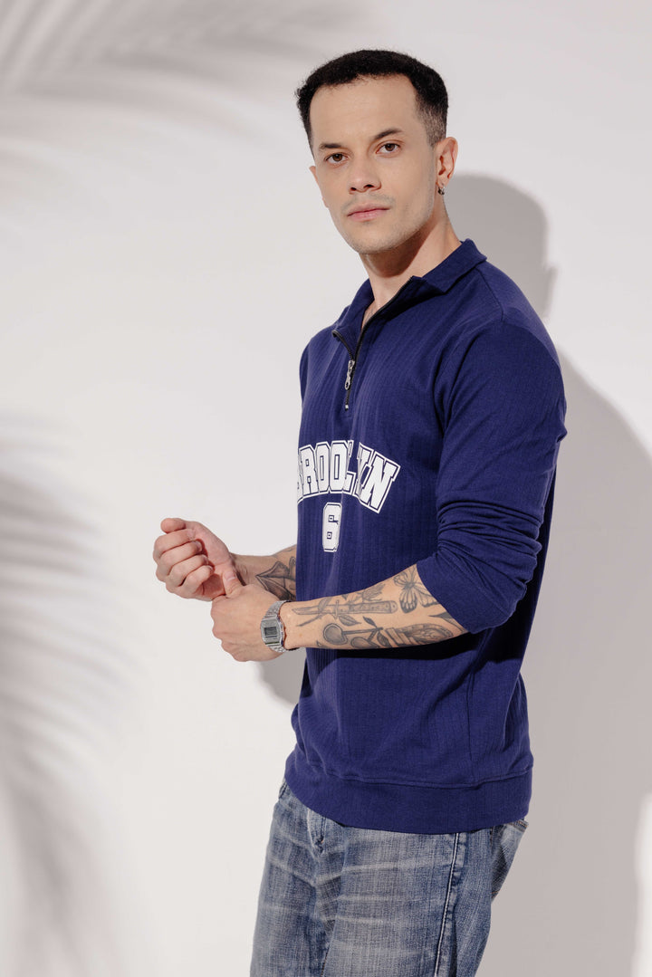 Navy Cotton "BROOKLYN" Full Sleeve Zipper T-Shirt