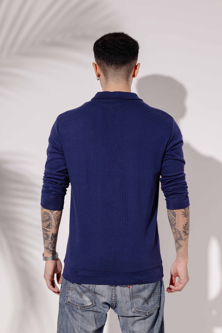 Navy Cotton "BROOKLYN" Full Sleeve Zipper T-Shirt