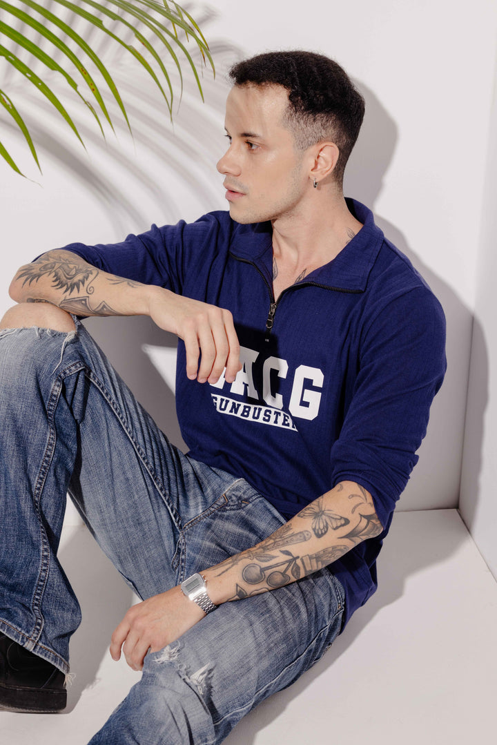 Navy Cotton "MACG" Full Printed Zipper T-Shirt