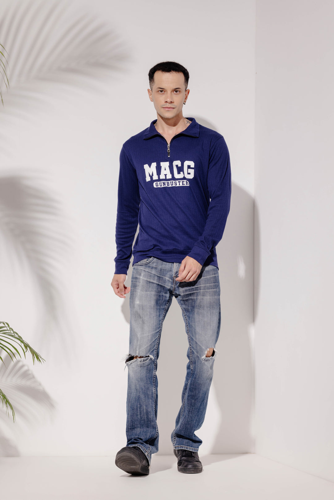Navy Cotton "MACG" Full Printed Zipper T-Shirt