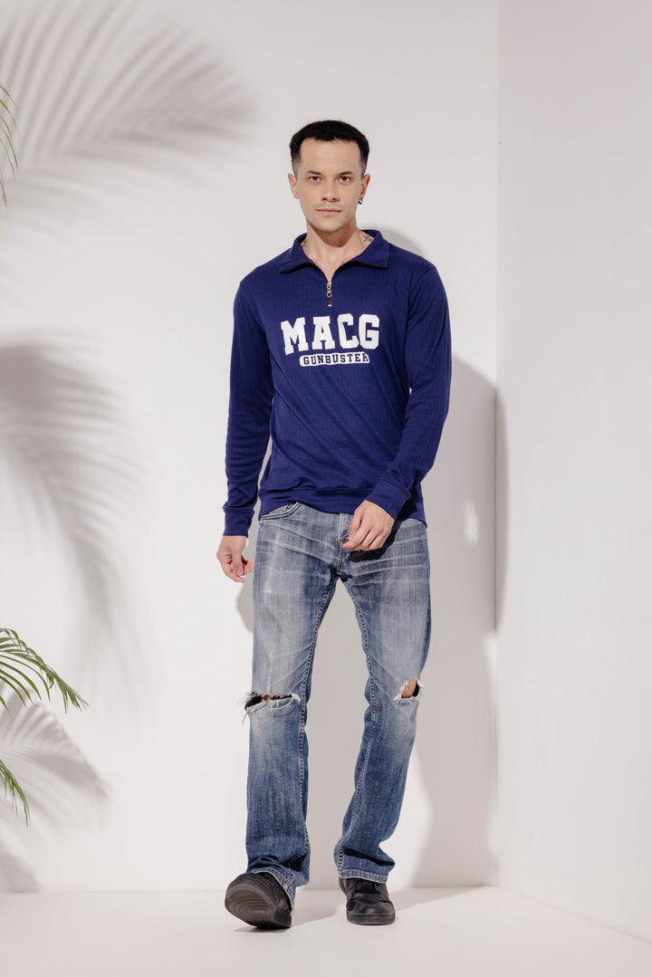 Navy Cotton "MACG" Full Printed Zipper T-Shirt