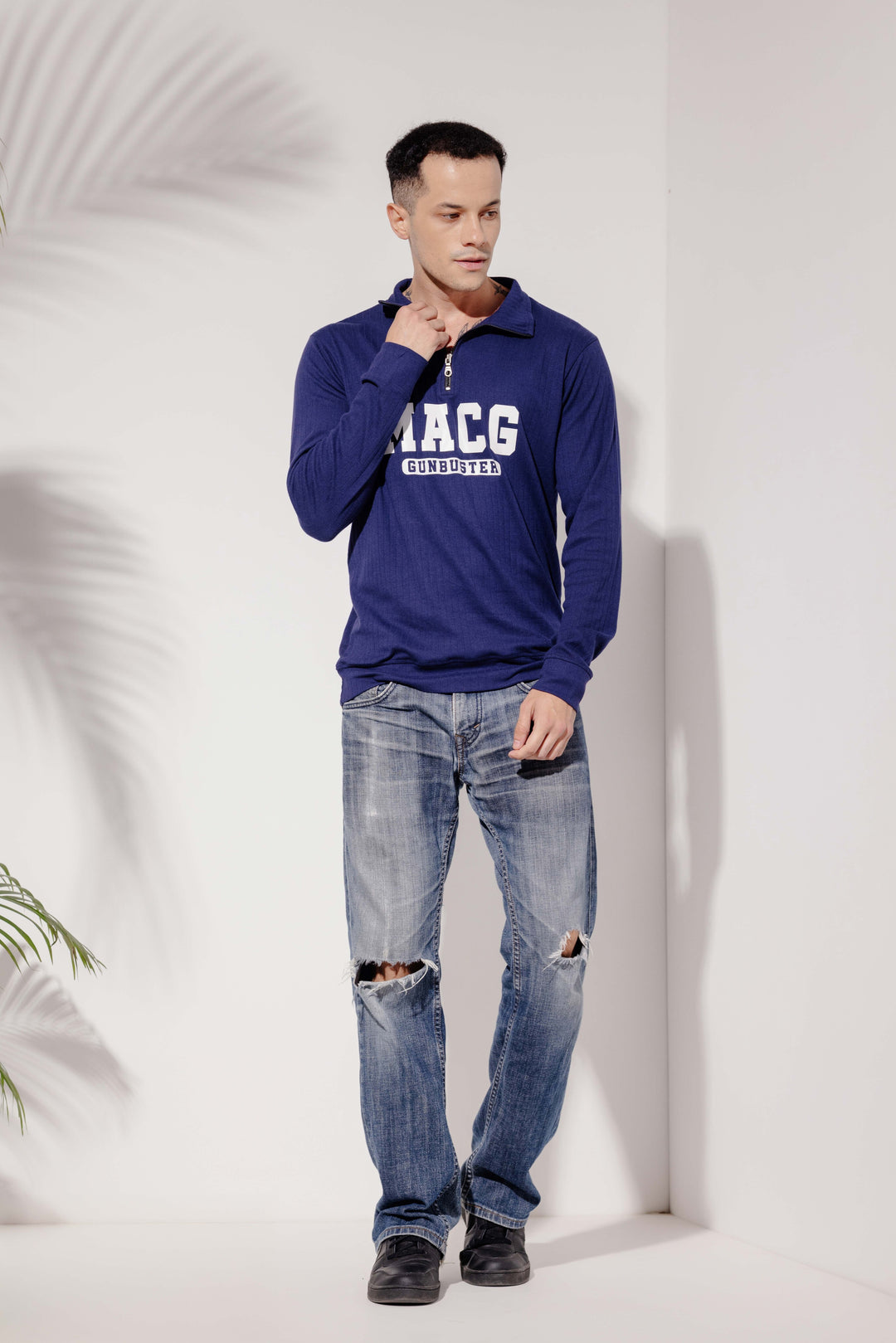 Navy Cotton "MACG" Full Printed Zipper T-Shirt