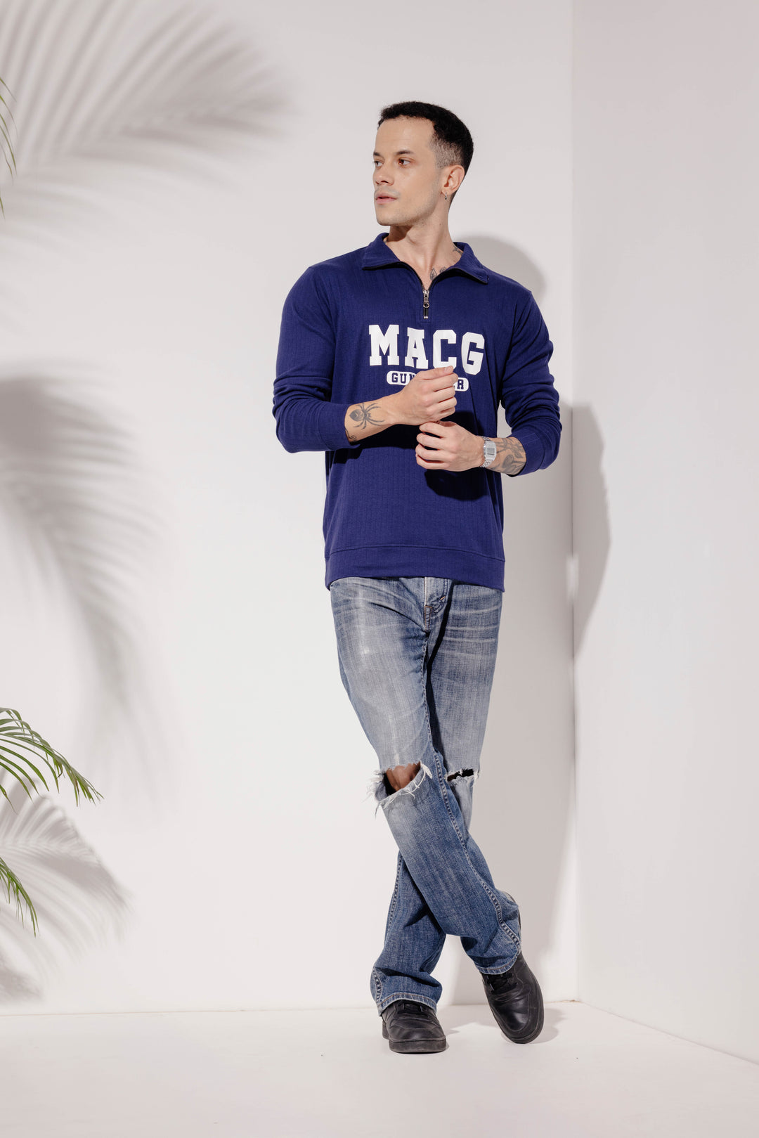 Navy Cotton "MACG" Full Printed Zipper T-Shirt