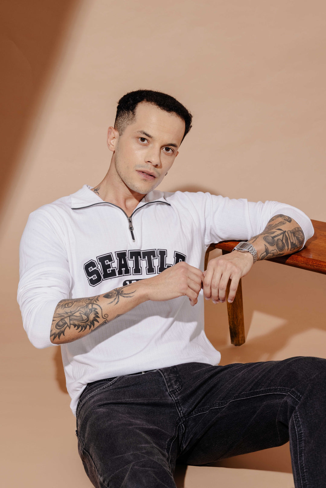 White Cotton Full Sleeve "Seattle" Zipper T-Shirt