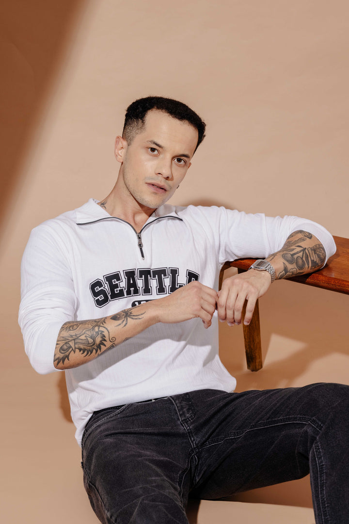 White Cotton Full Sleeve "Seattle" Zipper T-Shirt