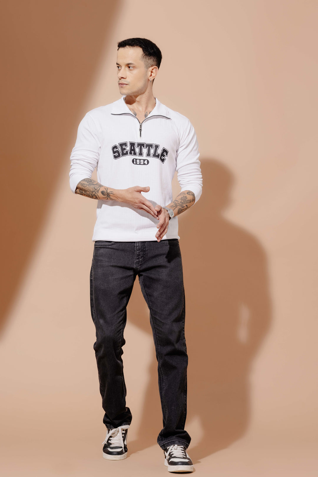 White Cotton Full Sleeve "Seattle" Zipper T-Shirt