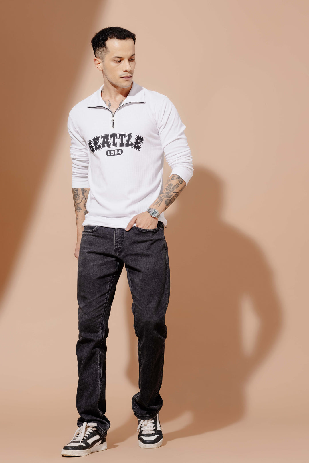 White Cotton Full Sleeve "Seattle" Zipper T-Shirt