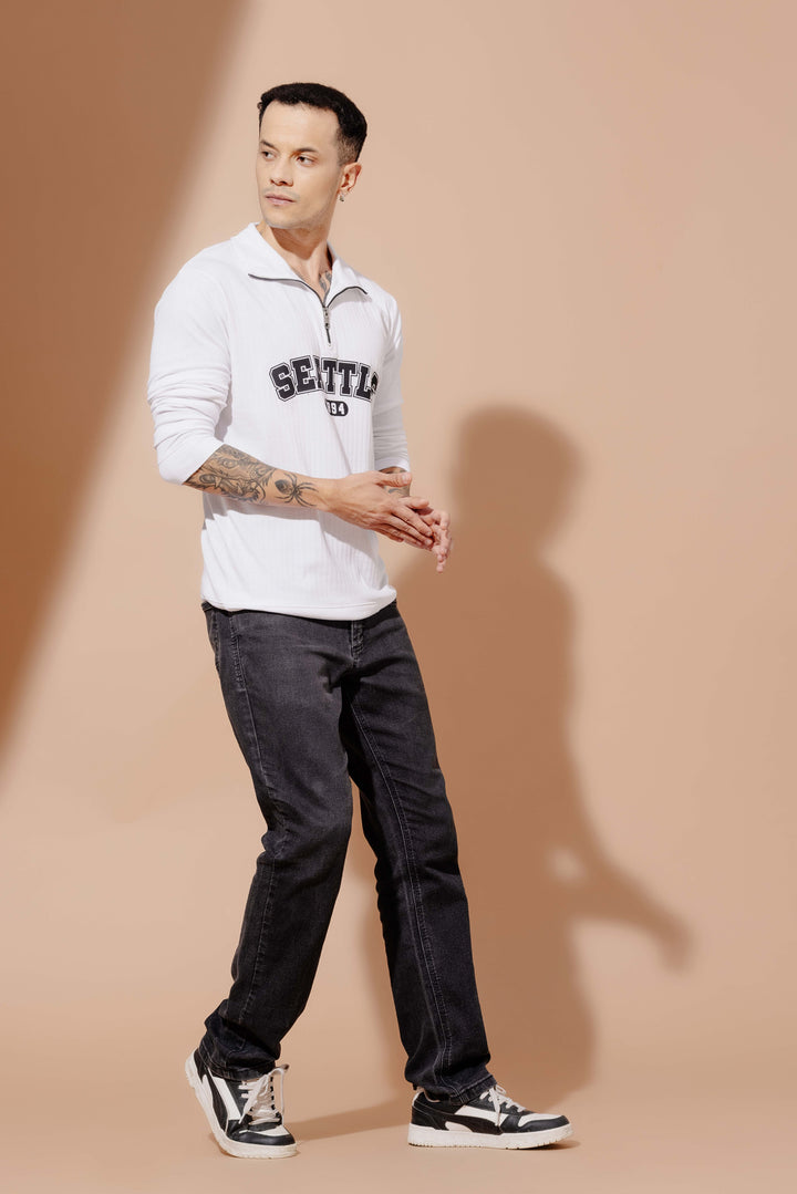 White Cotton Full Sleeve "Seattle" Zipper T-Shirt