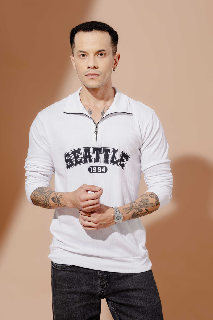 White Cotton Full Sleeve "Seattle" Zipper T-Shirt