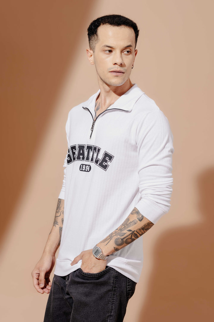 White Cotton Full Sleeve "Seattle" Zipper T-Shirt