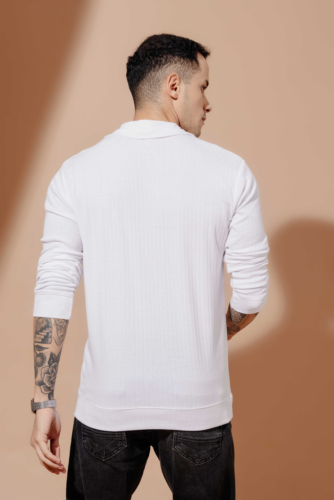 White Cotton Full Sleeve "Seattle" Zipper T-Shirt