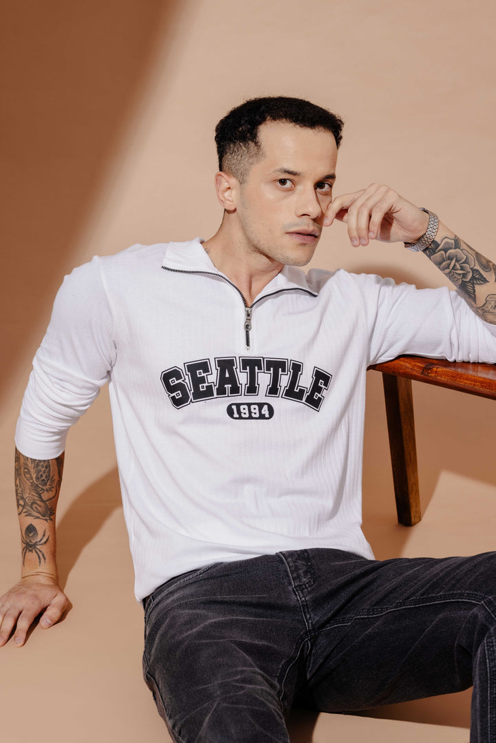 White Cotton Full Sleeve "Seattle" Zipper T-Shirt