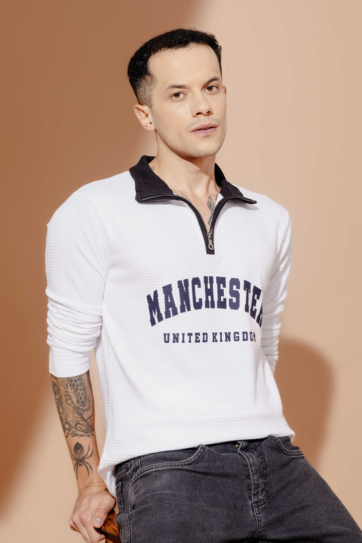 White "MANCHESTER" Cotton full sleeve Printed Zipper T-Shirt