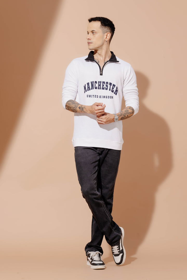 White "MANCHESTER" Cotton full sleeve Printed Zipper T-Shirt