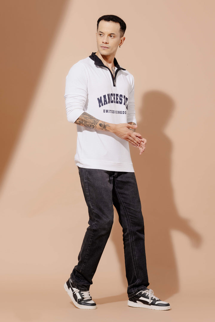 White "MANCHESTER" Cotton full sleeve Printed Zipper T-Shirt