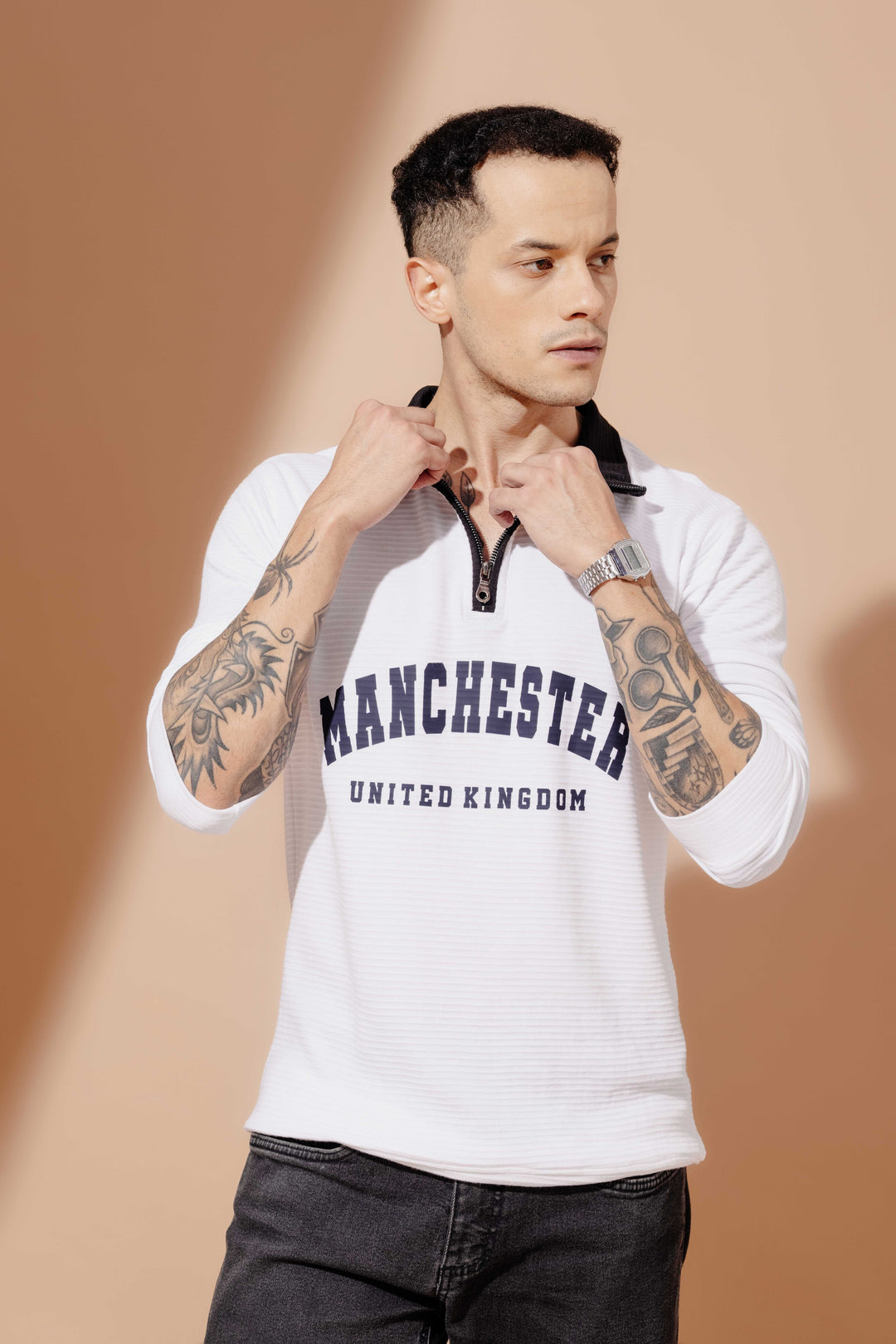 White "MANCHESTER" Cotton full sleeve Printed Zipper T-Shirt