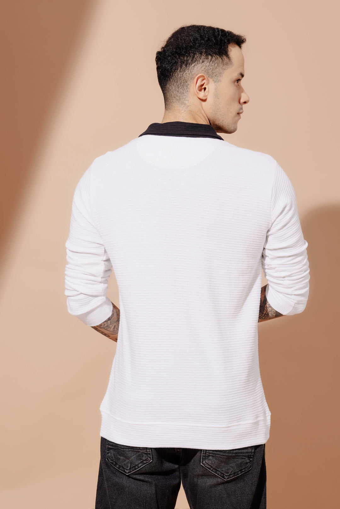 White "MANCHESTER" Cotton full sleeve Printed Zipper T-Shirt