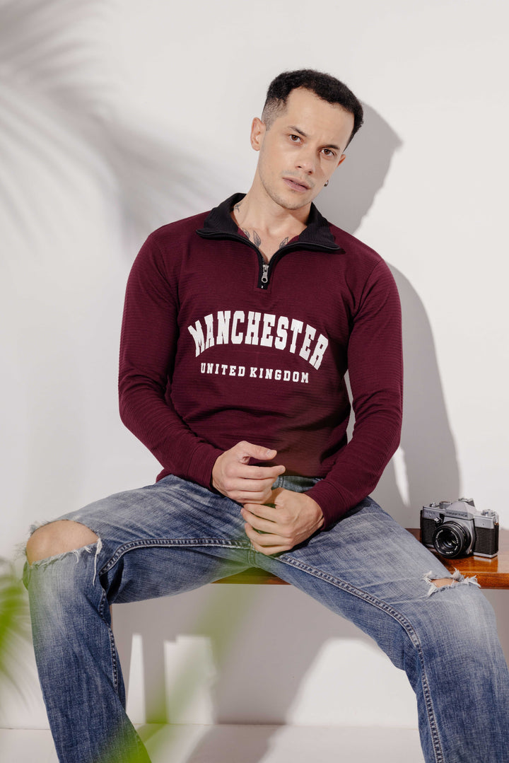 Wine "Manchester" Cotton full sleeve Printed Zipper T-Shirt