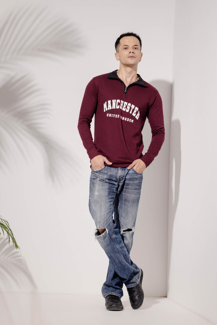 Wine "Manchester" Cotton full sleeve Printed Zipper T-Shirt