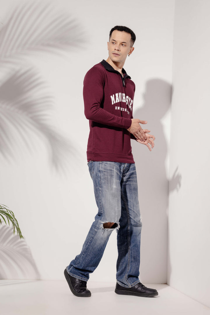 Wine "Manchester" Cotton full sleeve Printed Zipper T-Shirt
