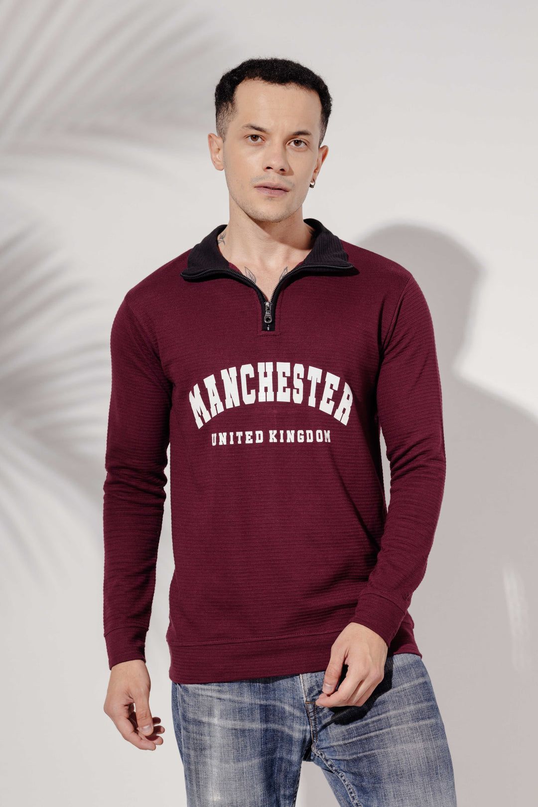 Wine "Manchester" Cotton full sleeve Printed Zipper T-Shirt