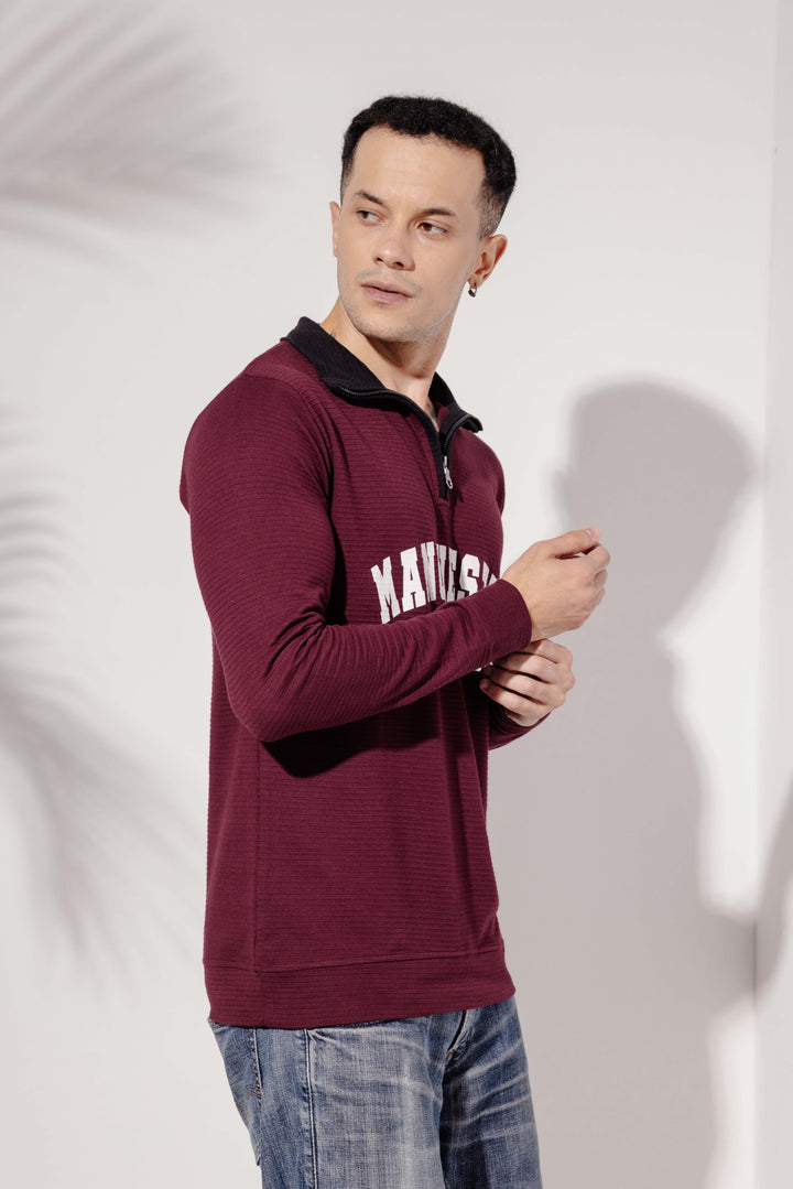Wine "Manchester" Cotton full sleeve Printed Zipper T-Shirt