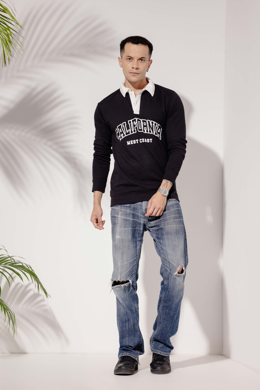 Black "Californy" Cotton full sleeve Printed Polo T-Shirt with Collar