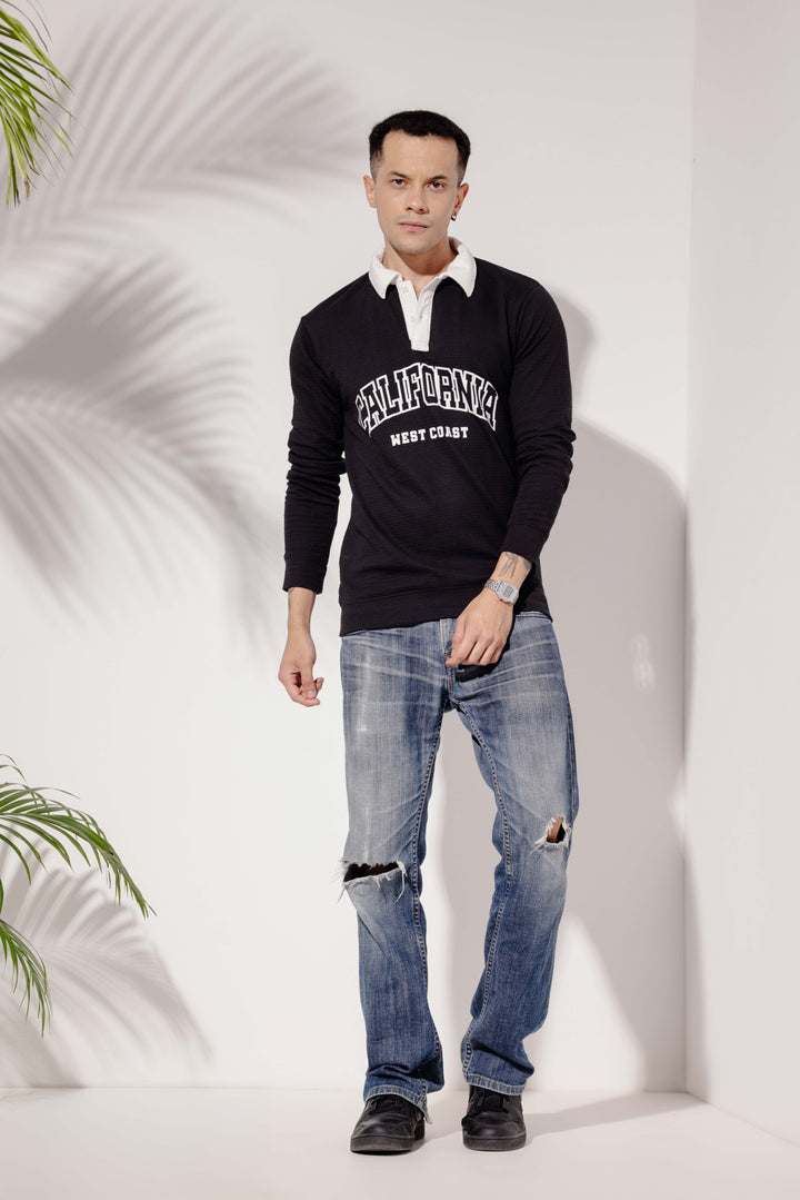 Black "Californy" Cotton full sleeve Printed Polo T-Shirt with Collar