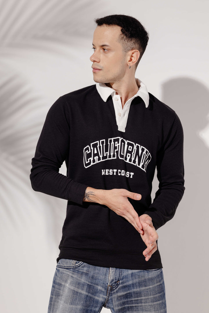 Black "Californy" Cotton full sleeve Printed Polo T-Shirt with Collar