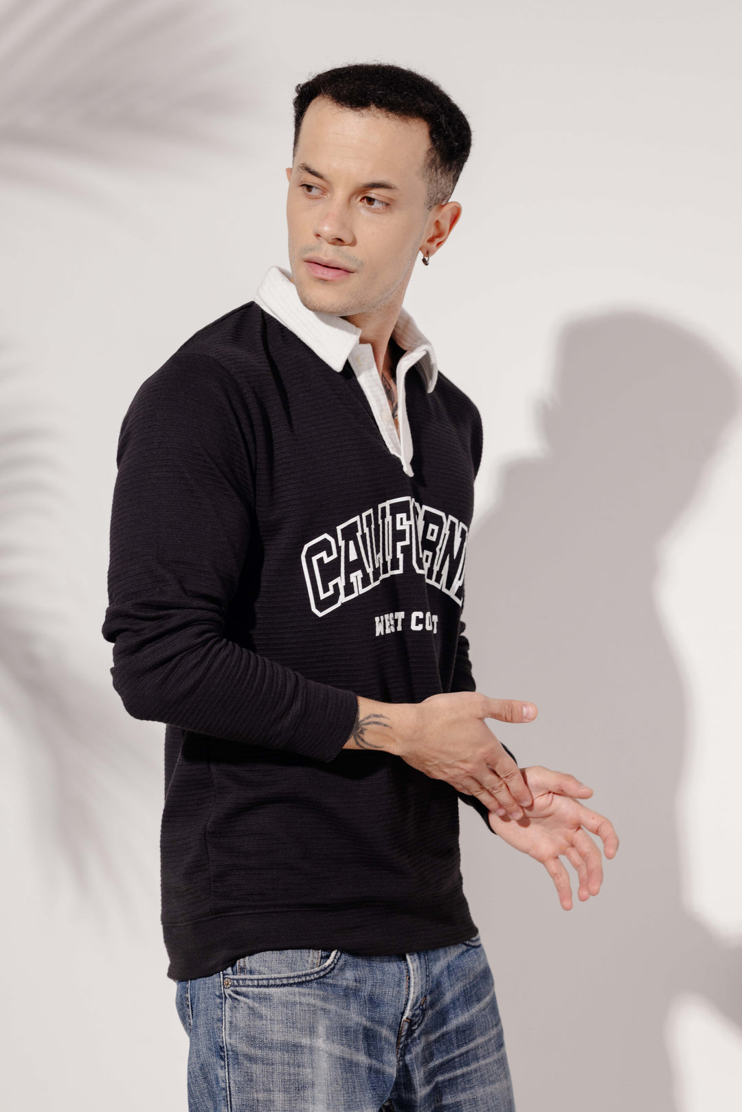 Black "Californy" Cotton full sleeve Printed Polo T-Shirt with Collar