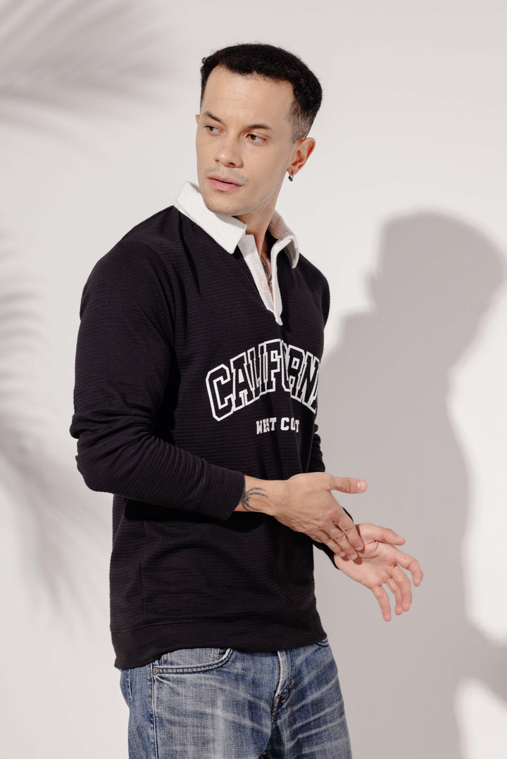 Black "Californy" Cotton full sleeve Printed Polo T-Shirt with Collar
