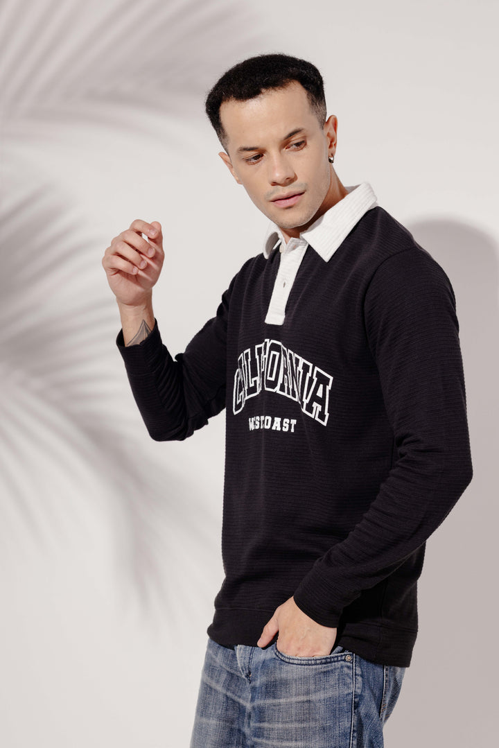 Black "Californy" Cotton full sleeve Printed Polo T-Shirt with Collar