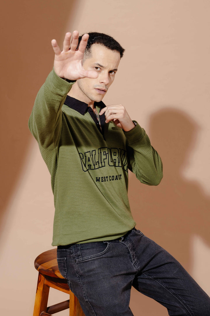 Olive Cotton full sleeve Printed Polo T Shirt with Collar