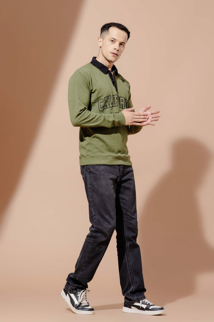 Olive Cotton full sleeve Printed Polo T Shirt with Collar