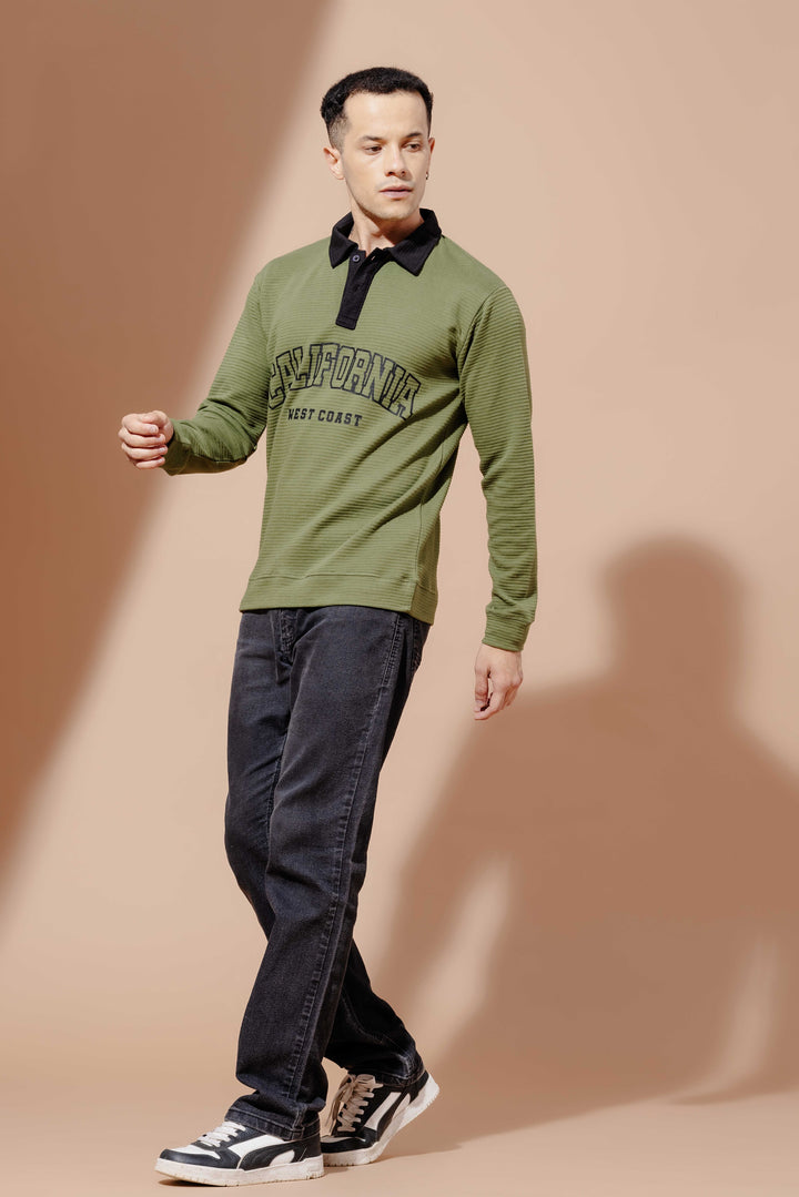 Olive Cotton full sleeve Printed Polo T Shirt with Collar
