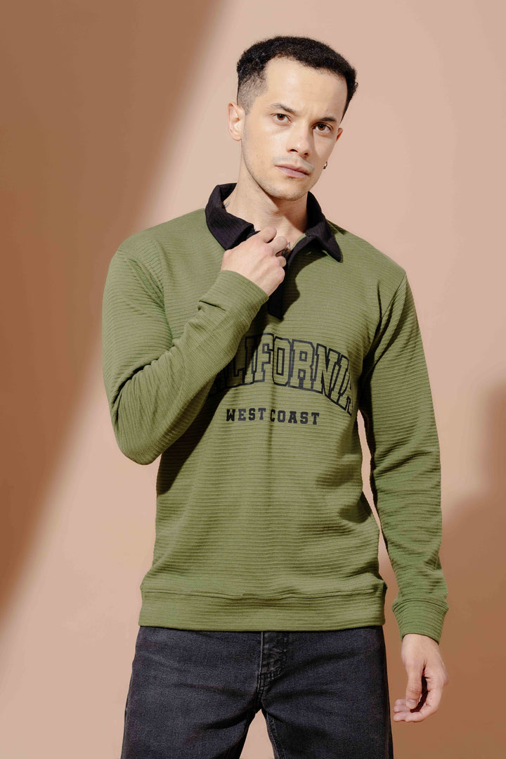 Olive Cotton full sleeve Printed Polo T Shirt with Collar
