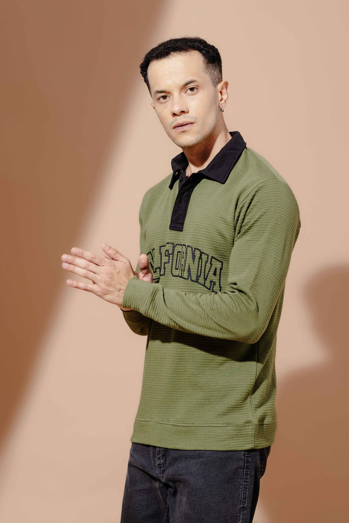 Olive Cotton full sleeve Printed Polo T Shirt with Collar