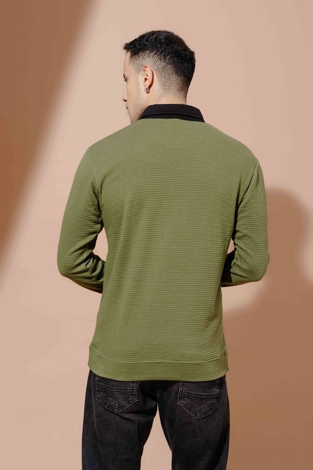 Olive Cotton full sleeve Printed Polo T Shirt with Collar