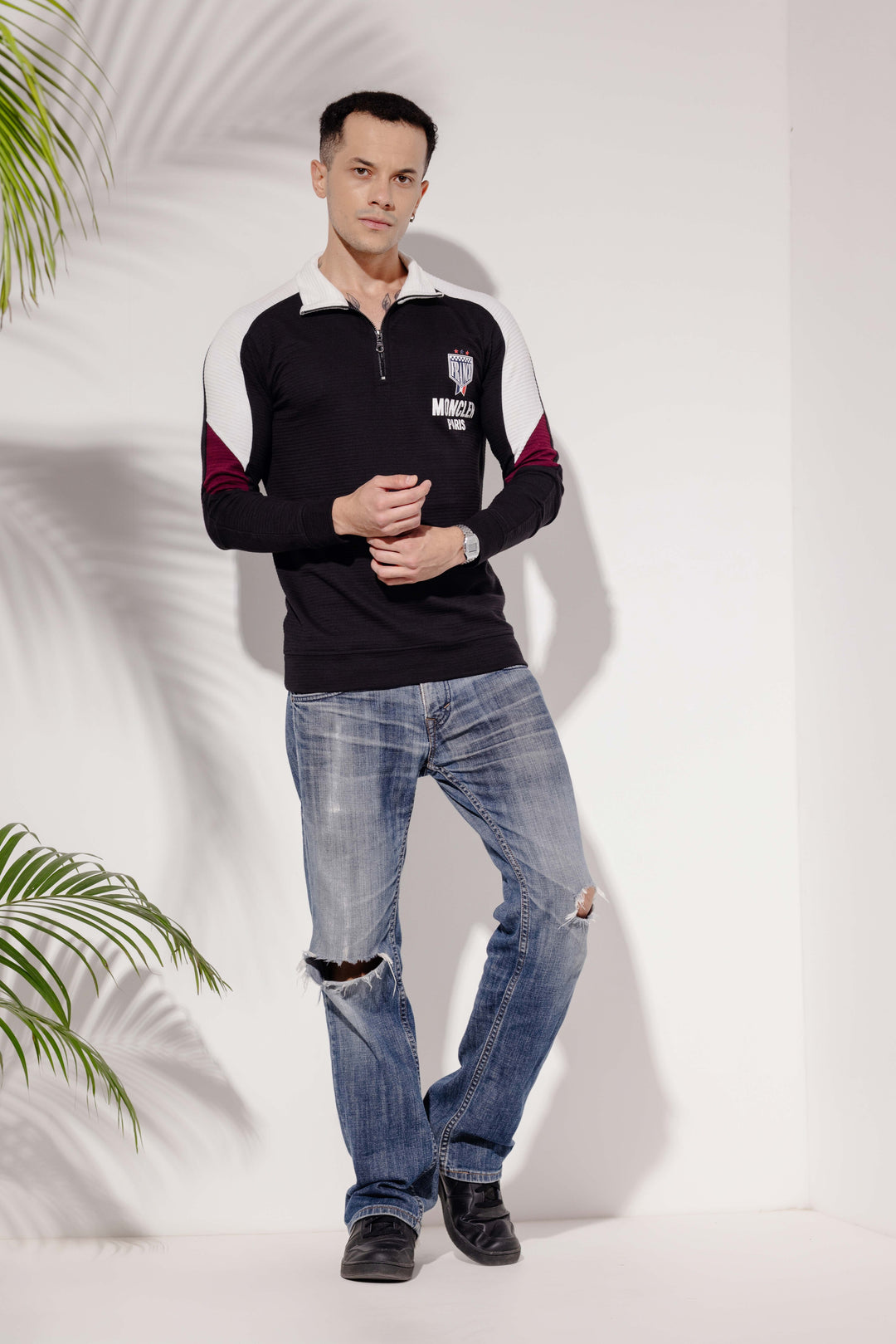 Black White Cotton full sleeve Printed Zipper T-Shirt