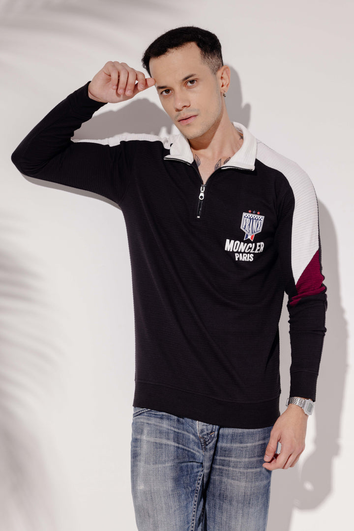 Black White Cotton full sleeve Printed Zipper T-Shirt