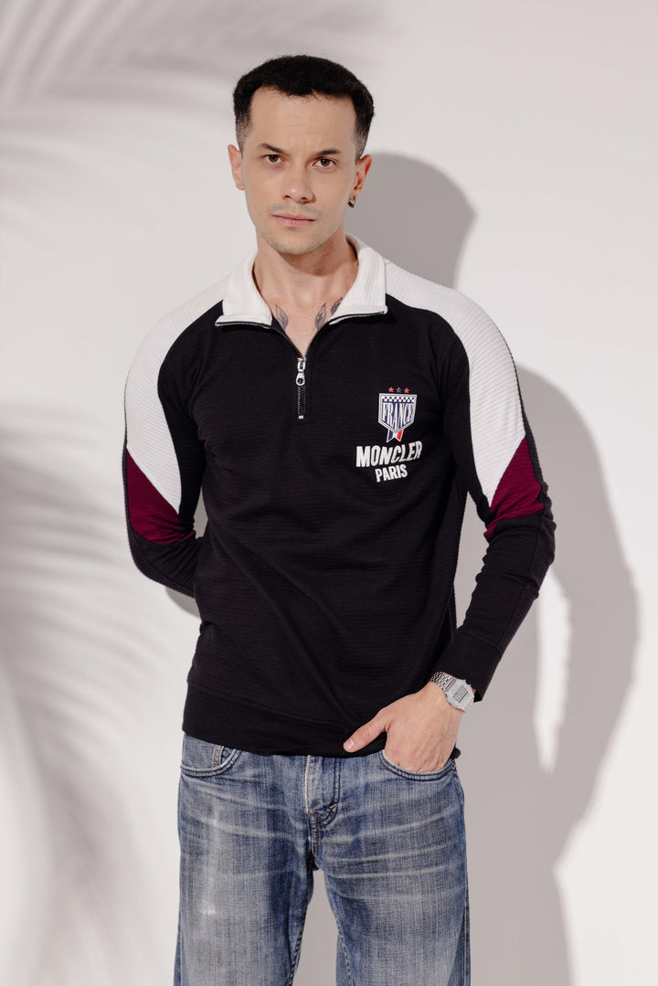 Black White Cotton full sleeve Printed Zipper T-Shirt