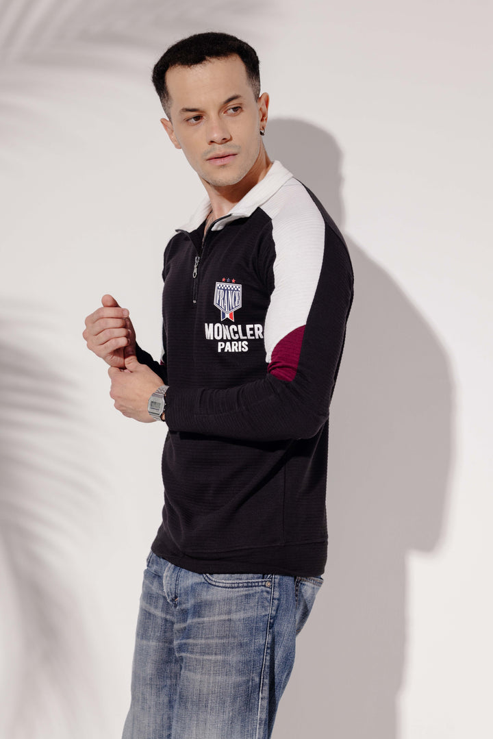 Black White Cotton full sleeve Printed Zipper T-Shirt