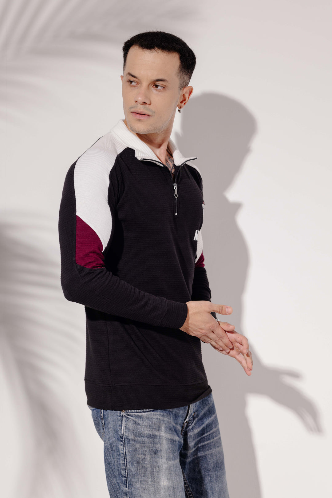 Black White Cotton full sleeve Printed Zipper T-Shirt