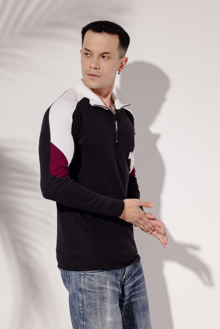 Black White Cotton full sleeve Printed Zipper T-Shirt