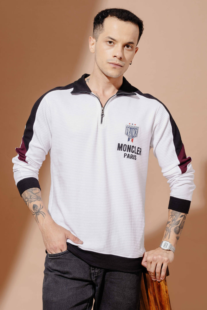 White Cotton full sleeve Printed Zipper T-Shirt